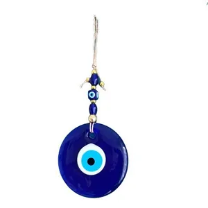 Large Turkish Evil Eye wall hanging with blue glass beads and woven rope home decor