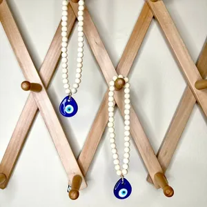 Nordic wooden bead evil eye car charm with blue glass pendant decoration for walls