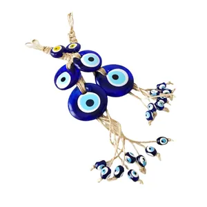 Decorazione da parete occhio turco blu in vetro con corda di iuta intrecciata
