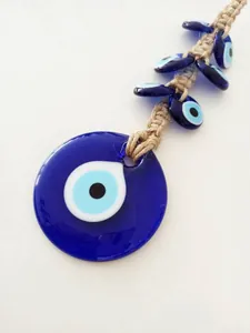 Handmade Turkish blue evil eye glass charm pendant with braided hemp rope and beads
