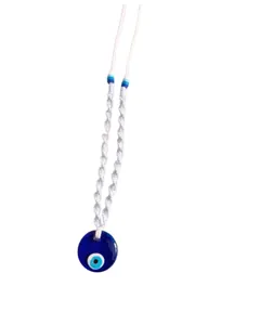 Handmade woven cotton evil eye pendant with blue glass charm for wall or car hanging decor