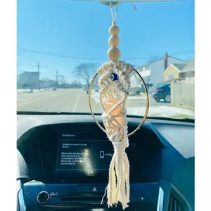 Handmade bohemian rearview mirror charm with pink crystal, evil eye bead and tassels