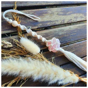 Bohemian Hand Woven Pink Rose Quartz Macrame Hanging Ornament With Wood Beads Tassel For Car Rearview Mirror Home Wall Decor