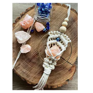 Bohemian handmade turquoise evil eye car charm with pink crystal on wood slice
