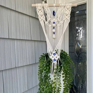 Bohemian Hand-Woven Macrame Wall Hanging Plant Hanger Tapestry With Blue Evil Eye Beads Cotton Rope Decorative Wall Art Decor