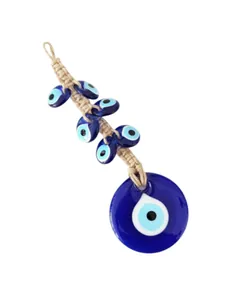 Handmade Evil Eye wall hanging with blue glass beads and woven hemp rope decoration