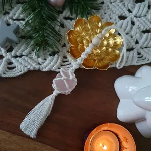 Handmade woven Himalayan salt rock car charm with pink crystal and white cotton tassel