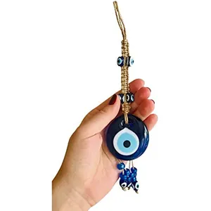 Blue glass Evil Eye hanging ornament with handmade rope and decorative glass beads