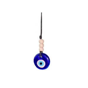 Handmade Evil Eye car hanging ornament with blue glass nazar bead and wooden accents