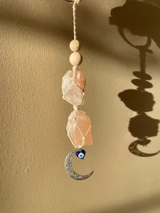 Handmade Bohemian Woven Wall Hanging Decor With Himalayan Salt Stone Crystal Moon Pendant Heart Evil Eye For Home Car Decor