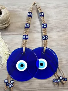 Decorazione da Parete Turca Evil Eye in Vetro Blu Ornamento Nazar con Corda di Juta Intrecciata a Mano per Casa Ufficio Auto Regalo