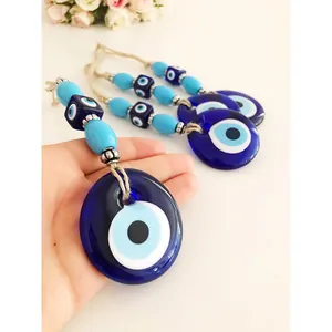 Pendaglio occhio turco in vetro blu con corda intrecciata e perline set di 4