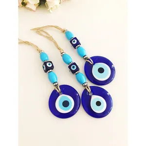 Set di 3 ciondoli Evil Eye in vetro turco con perline blu e dettagli in corda di iuta