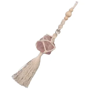 Handwoven Himalayan salt stone car hanging with pink crystal and long cotton tassels