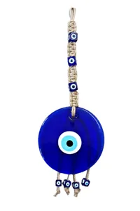 Decorazione da parete Malocchio in vetro blu con corda di canapa e perle decorative