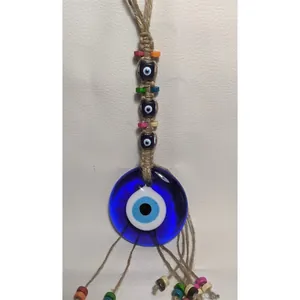 Decorazione da parete con malocchio turco blu in vetro, corda di canapa e perle