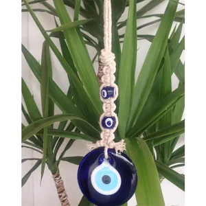 Handmade Bohemian Evil Eye Glass Hanging Ornament Blue Nazar Amulet With Cotton Woven Rope For Car Home Wall Decoration
