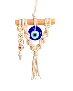 Handmade bohemian evil eye wall hanging with LOVE wooden beads and cotton tassels