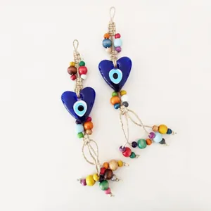 Ciondolo in Vetro a Forma di Cuore Malocchio Turco Intrecciato a Mano Amuleto Nazar Decorazione da Parete per Casa Ornamento per Auto Stile Etnico Bohemien Perline Multicolore Decorazione con Nappa
