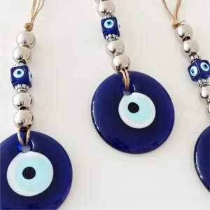 Set di ornamenti da appendere in vetro Malocchio blu turco con corda di canapa