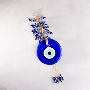 Türkisches Blaues Auge Wandbehang aus handgefertigtem Glas mit Jute-Quasten