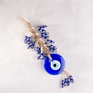 Blaues türkisches Evil Eye Wandbehang mit handgefertigtem Hanfseil und Glasperlen