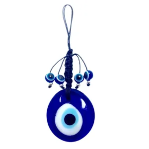 Turkish Blue Evil Eye glass wall hanging ornament with black cord and silver accents