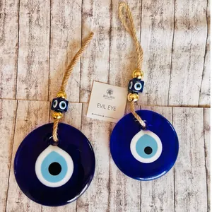 Décoration Suspendue en Verre Mauvais Œil Turc Nazar Bleu Amulette pour Maison Mur Voiture Charme de Protection Avec Corde de Chanvre Perles en Alliage