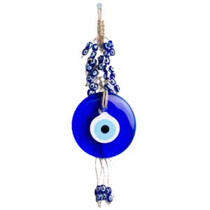 Traditionelle blaue Glas Evil Eye Wanddekoration mit geflochtenem Hanfseil und Quasten