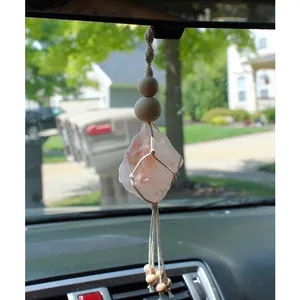 Handmade Macrame car charm with raw pink Himalayan salt stone and wooden beads hanging