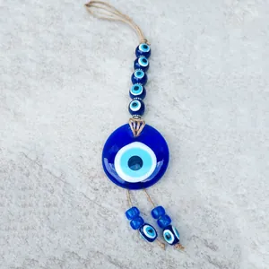 Ciondolo occhio turco in vetro con perline blu e corda di iuta per decorazione da parete