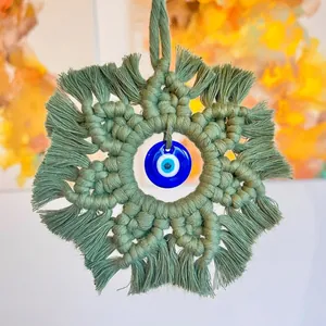 Handmade Bohemian Macrame Wall Hanging with Olive Green Cotton Thread and Blue Evil Eye Charm