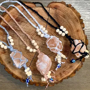 Hand Woven Himalayan Salt Stone Hanging Ornament With Evil Eye Bead Bohemian Healing Crystal Car Mirror Wall Decor