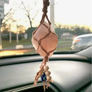 Handmade Himalayan salt car hanging ornament with pink crystal and evil eye charm decor