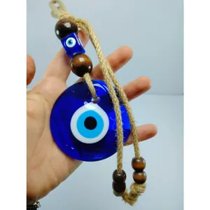 Handmade Turkish Evil Eye Wall Hanging Ornament Blue Glass Nazar Bead Wood Beads Hemp Rope Home Office Protection Decor