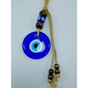 Turkish evil eye wall hanging with blue glass disk, wooden beads and natural hemp rope
