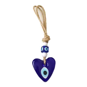 Pendentif cœur Mauvais Œil turc en verre bleu avec corde tressée et perles