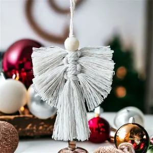 Handmade white macrame angel ornament with cotton fringe and wood bead for Christmas decor
