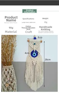 Detailed view of handmade macrame Evil Eye wall hanging with cotton rope and wood
