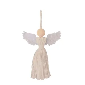 Handmade woven cotton angel wall hanging with lace wings and wooden bead head