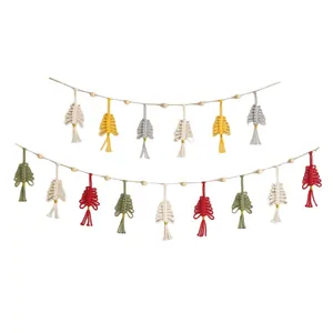 Handmade macrame Christmas garland with colorful cotton trees and natural wood beads