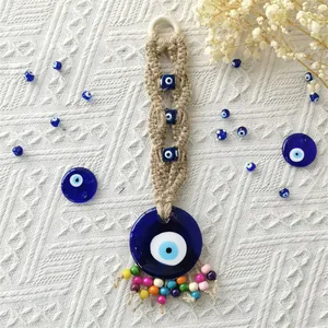 Gewebte Böser Blick Wanddekoration Mit Hanfseil Blaue Glasperlen Bunte Quaste Boho Ethnisch Haus Hängendes Ornament