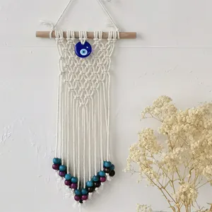 Handmade Macrame Wall Hanging Bohemian Evil Eye Cotton Rope Tapestry With Wood Stick Beaded Tassels For Home Bedroom Decor
