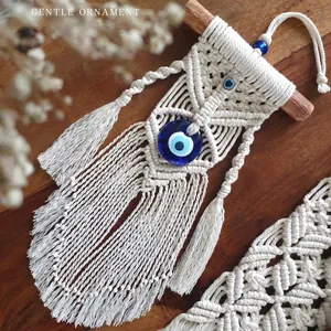 Bohemian Handmade Woven Macrame Wall Hanging Cotton Rope Wood Stick Evil Eye Tassel Turkish Nazar Home Decor Art Ornament
