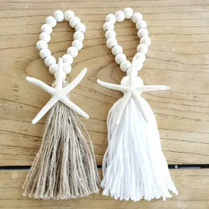 Bohemian wood bead garland with starfish charms and tassels for home decor, set of two