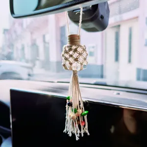 Hand-woven boho car perfume bottle hanger with macrame fringe and colorful beads