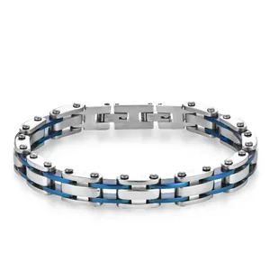 Schakelarmband van roestvrij staal in industriële stijl in zilver en blauw geborsteld