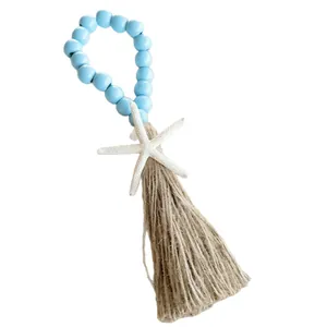 Handmade sky blue wooden beads hanger with white starfish and natural hemp rope tassel