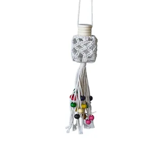 Handmade woven perfume bottle car hanging ornament with glass bottle and colorful beads