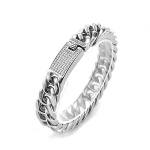 Pulsera cubana para hombre en acero inoxidable con cierre incrustado de cristales